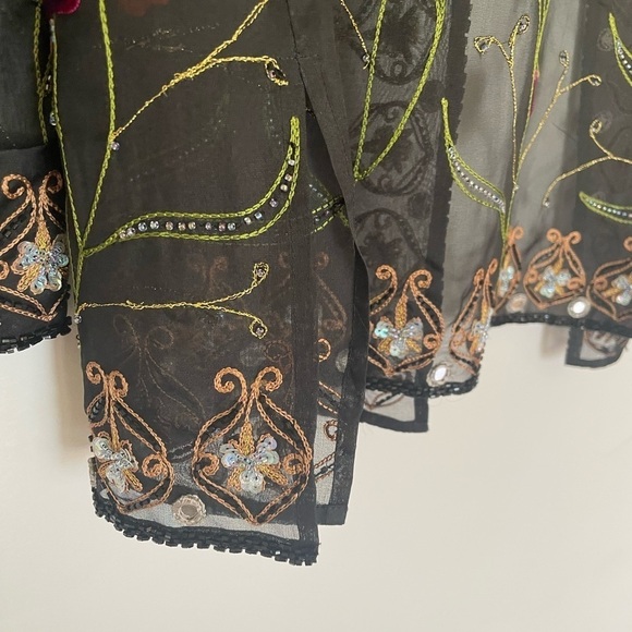 Black Sheer Open Front Long Jacket Blazer Embroidered Beading Stunning Floral M - Picture 8 of 10